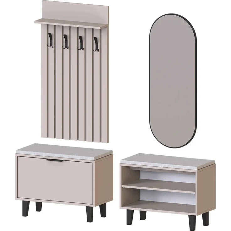 Roomart NORD Garderobenset 4-teilig – Sitzbank offen & mit Schuhklappe, Garderobenpaneel 130 cm & ovaler Spiegel – Flurgarderobe – H 53 x B 73.6 x T 35 cm (Sitzbank) • Beige – Bild 7