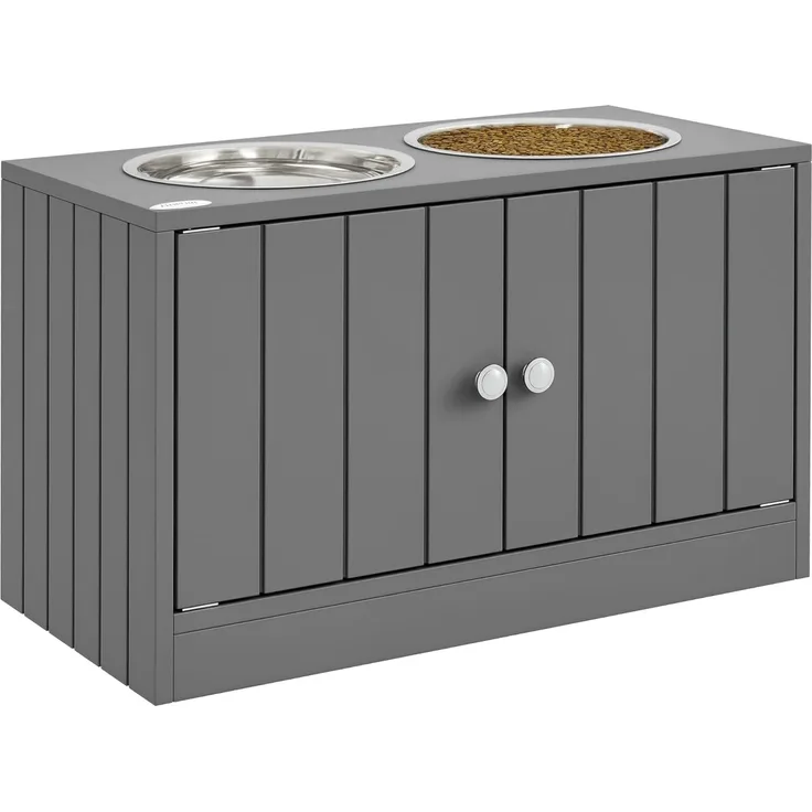 PawHut Futternapf Erhöhter Hundenapf, Futternapf mit Stauraum, Wassernapf 2 x 2000ml, Edelstahl, Wassernapf für große Hunde, Grau