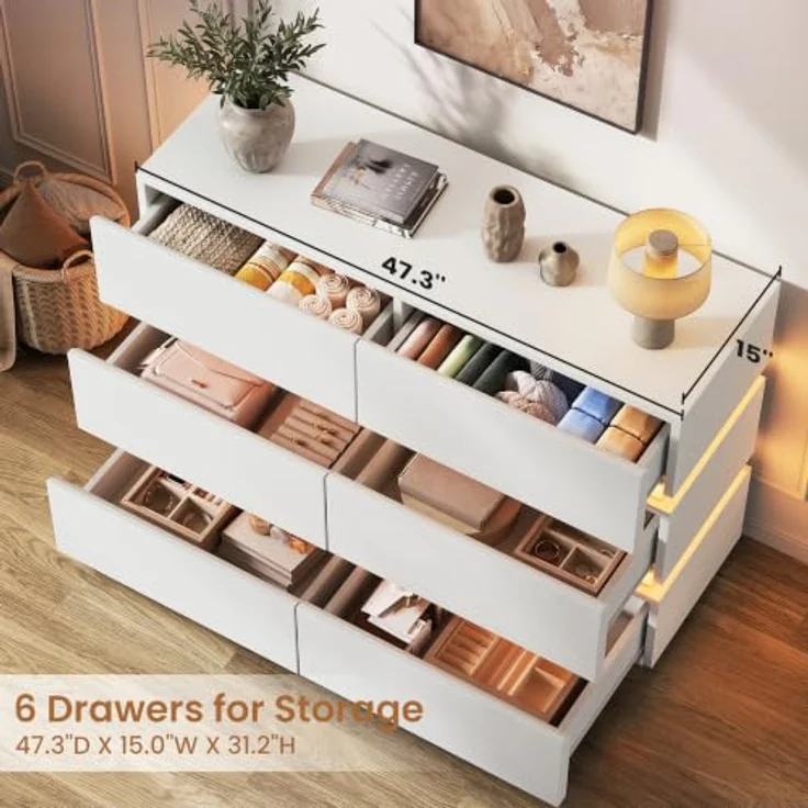 Jocoevol Kommode mit LED-Lichtstreifen, Schubladenschrank mit 6 Schubladen | Moderner Sideboards Wohnzimmer mit Kippsicherung, Verstellbare LED-Leuchten für Wohnzimmer Schlafzimmer, 120x78x38cm, Weiß – Bild 8