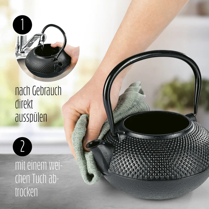 Lumaland Teeservice Set 12-teilig, 1,4 Liter Gusseiserne Teekanne Tetsubin (12-tlg), Bambus/Gusseisen/Edelstahl, Stövchen aus Gusseisen, 4 Teebecher & 4 Untersetzer uvm. – Bild 7