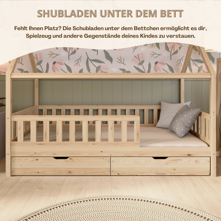 Crazy Pine 'Crazy Blanco' Hausbett mit Rausfallschutz, Skandinavisches Design, Naturholz, Natur, 80x160 cm, mit Schubladen – Bild 7