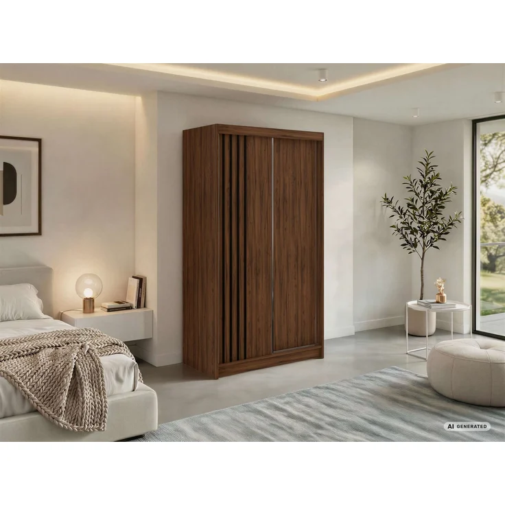 Schwebetürenschrank NAURU mit Lamellen-Optik, moderner Kleiderschrank, Breite 120 cm, inkl. Innenausstattung & Stauraum, Akustikpaneel-Design - Warmia-Nuss und Schwarz - mit Schubladen – Bild 1