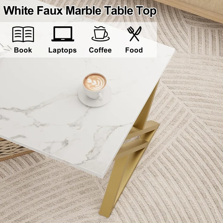 Couchtisch Holz Marmor Weiß Gold Metallgestell 100x48x55 cm – Bild 7