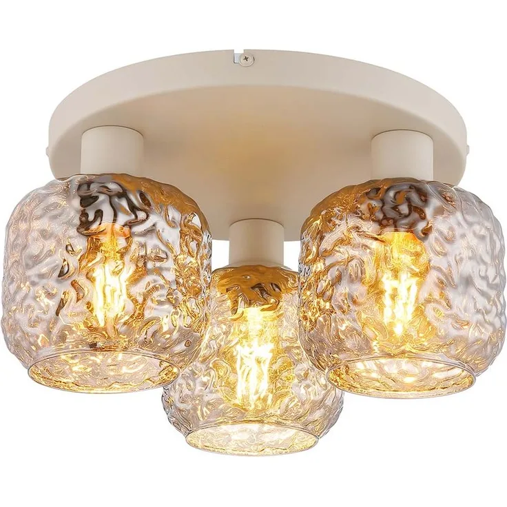 Deckenleuchte, beige, Rauchglas, Dellenstruktur, D 37 cm