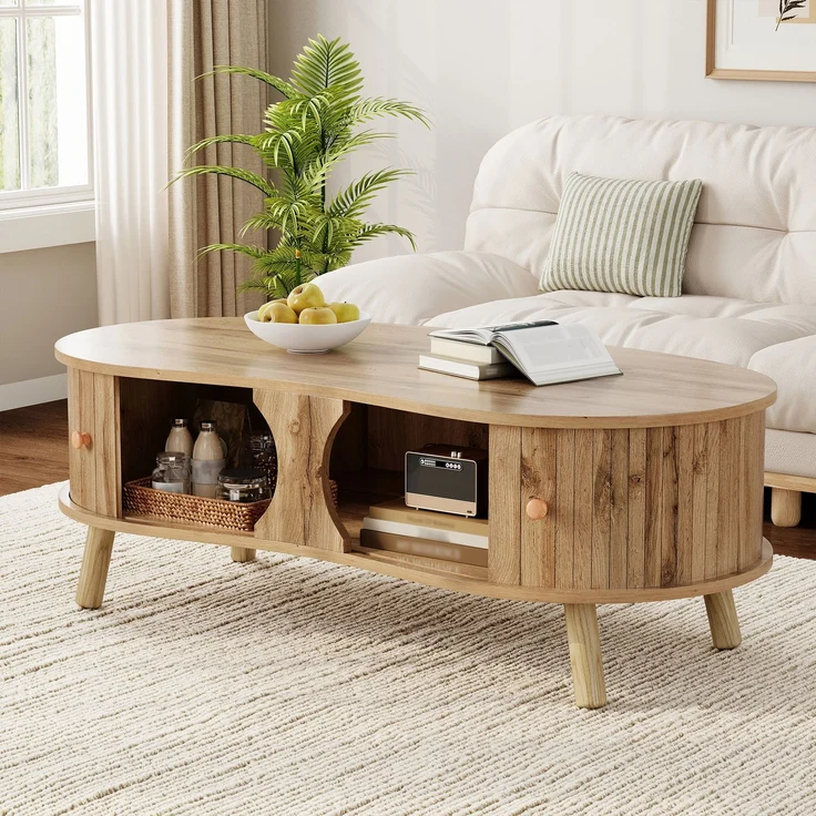 Couchtisch B 108 x T 50 x H 37 cm, mit 2 Schiebetüren, MDF in Holzoptik, Massivholzbeine – Bild 3