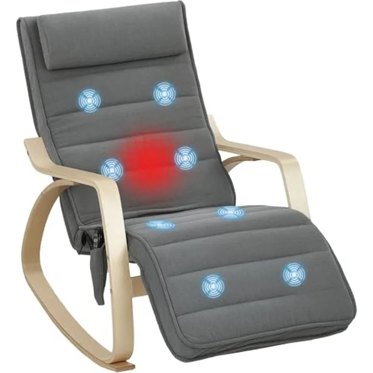 HOMCOM Schaukelstuhl Schaukelsessel mit Massagefunktion, Heizung, Kopfstütze, Fußstütze (Lesesessel, 1 St), Schwingsessel für Wohnzimmer, Schlafzimmer, Grau