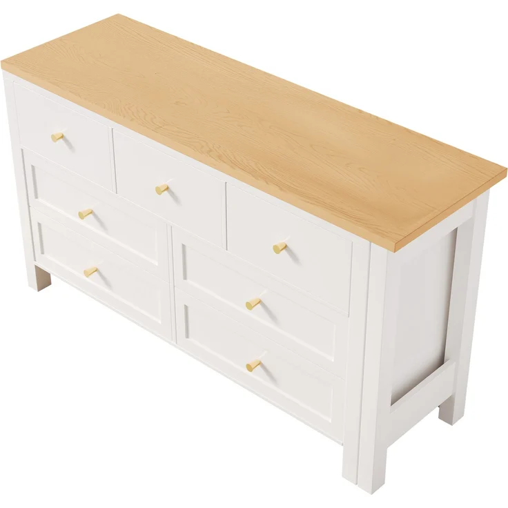 Schreibtisch mit 7-Schubladen Kommode -2-in-1 Drehwerkbank und Sideboard, Eichenoptik, 360° drehbare Tischplatte, weiß / natur, Schreibtisch, Frisiertisch, L-förmiger Eckschreibtisch – Bild 7