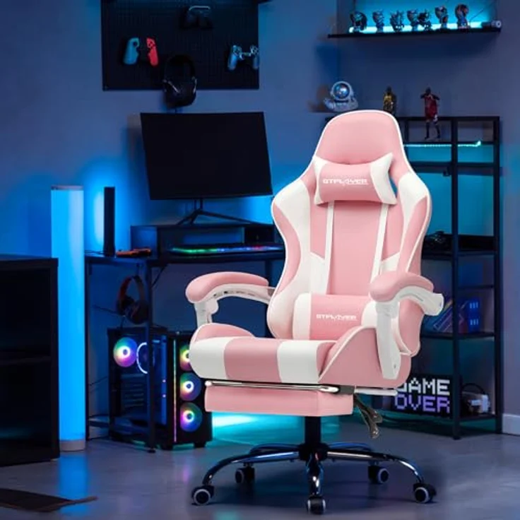 GTPLAYER Gaming Stuhl, Bürostuhl, Ergonomischer Pc Stuhl, Gaming Sessel mit Massagelendenwirbelstütze, Task Stühle mit Fußstütze und Kopfstütze, Rosa Kunstleder – Bild 8