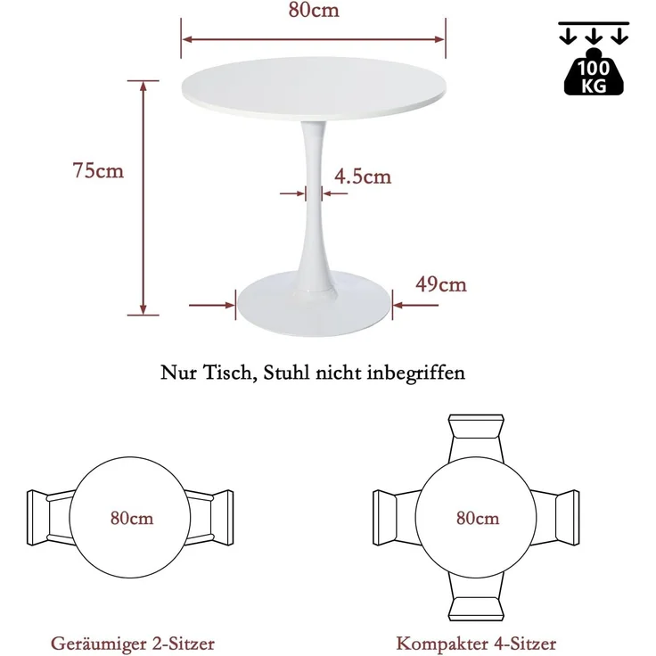MEUBLE COSY Runder Esstisch Klein Tisch Küchentisch Esszimmertisch 2-4 Personen für Küche, Wohnzimmer, Büro, 80 x 80 x 73 cm, Weiß – Bild 3