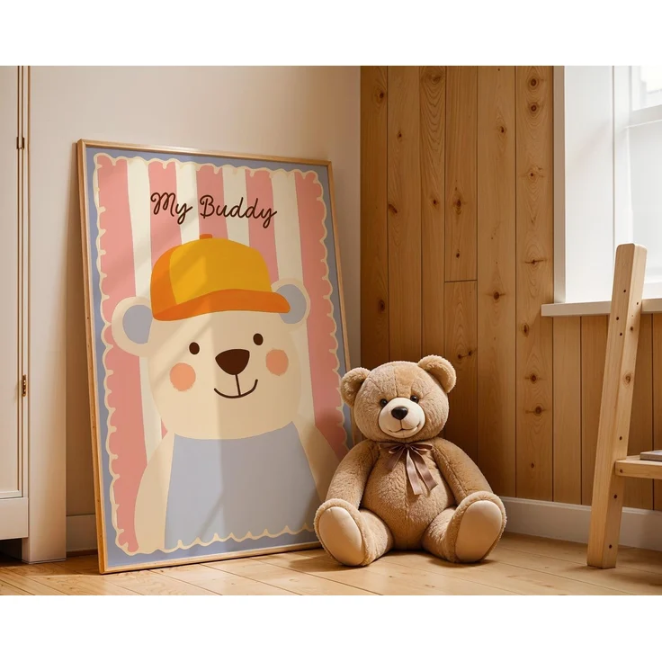 Poster Kinderzimmer Bär · My Buddy Schriftzug · Süßes Tierposter mit Mütze · Rosa & Pastell Deko · Freundliches Wandbild · Ohne Rahmen - 40x50cm – Bild 3