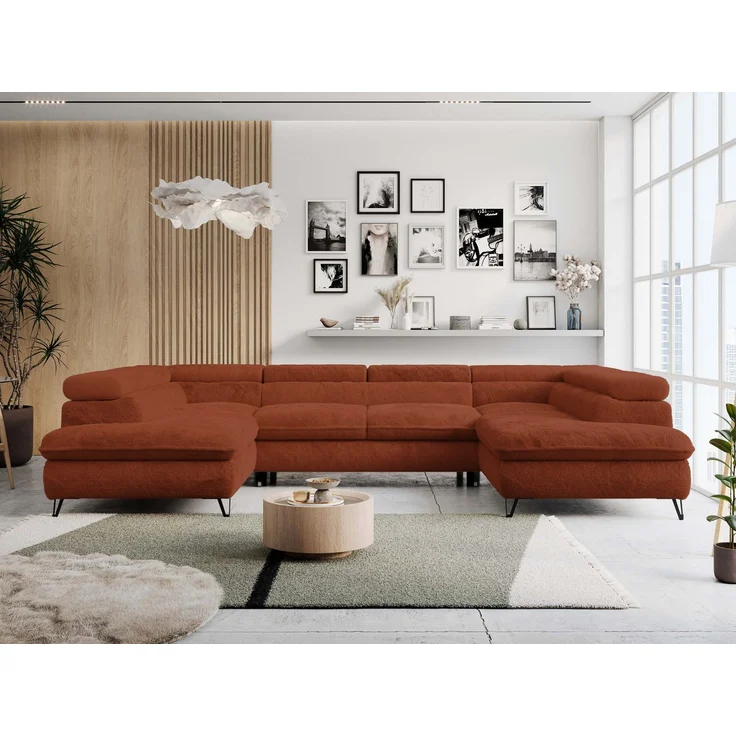 Ecksofa U-Form, mit Bettkasten, Bettfunktion und Einstellbare Kopfstützen, Sofa big XXL - PETER U - Orange Plüsch – Bild 1