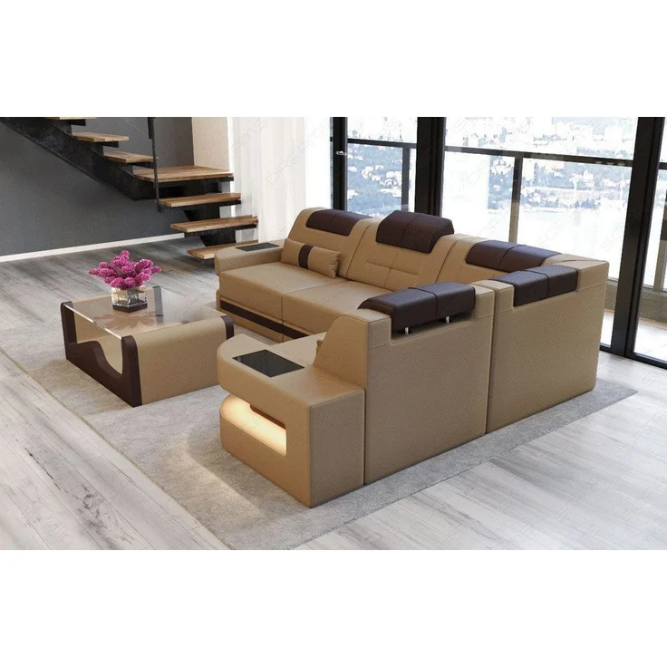 Mini Designersofa Como L-Form Leder - Echtleder - Sandbeige-Dunkelbraun - Rechts – Bild 3