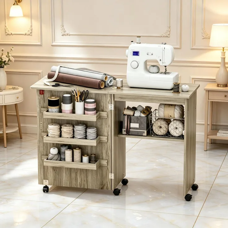 Klappbarer Nähschrank, Näh­tisch mit Klappplatte, Aufbewahrungsboxen, offenem Regal und Rollen--Herde--117x40x77.5cm--YOUDENOVA