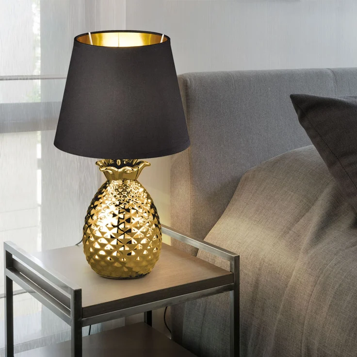 RGB LED Keramik Tischleuchte, Textil schwarz gold, H 35 cm – Bild 5