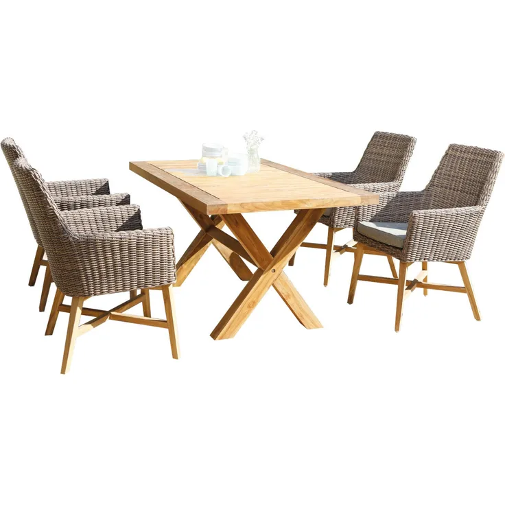 Sonnenpartner 5-teilige Sitzgruppe Helios & Stanford 160x90 cm Aluminium/Teakholz mit Polyrattan rus