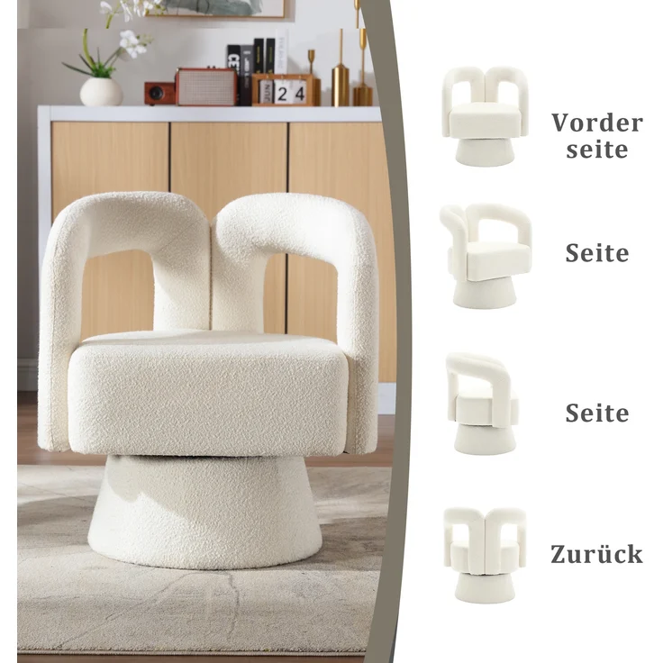 LVHOM Polsterstuhl 360° drehbar, Drehsessel Bouclé-Stoff, Loungesessel mit Armlehnen, Armlehnenstuhl Relaxsessel, Beige – Bild 3