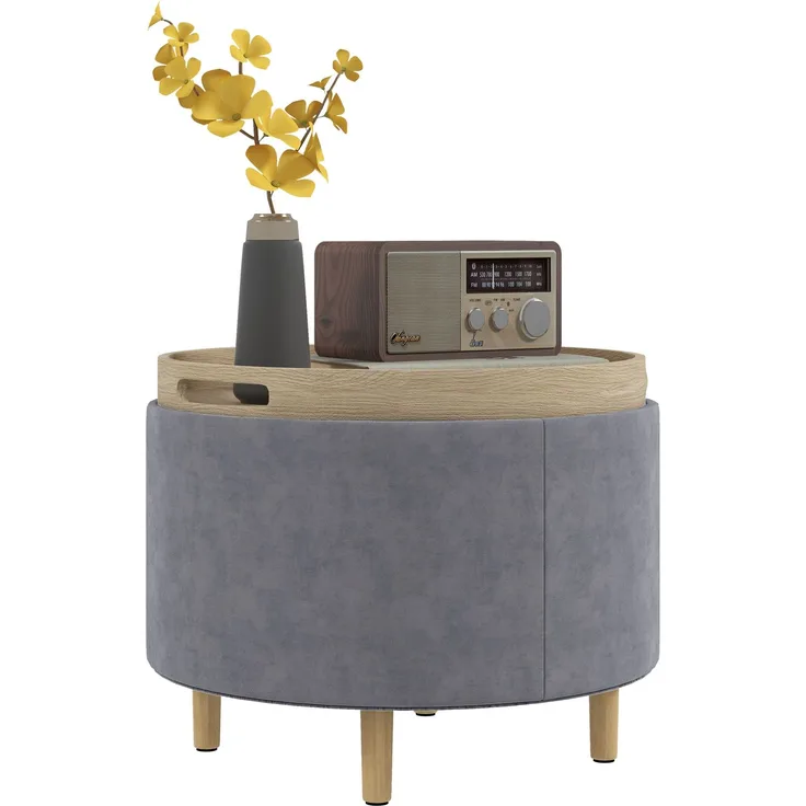 Sitzkissen mit Stauraum aus Sherpa-Stoff, max. 120 kg, mit klappbarem Tablett, aus MDF und Buche, 56 x 56 x 42 cm, grau