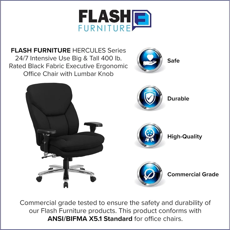 Flash Furniture Hercules Serie 24/7 Bürostuhl für intensiven Gebrauch, groß und hoch, 180 kg, schwarzer Stoff, ergonomischer Chefsessel mit Lendenknauf – Bild 11