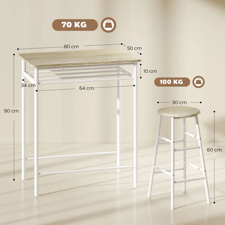 HOMCOM Bartisch Set, MDF, Metall, Weiß, 80B x 50T x 90H cm – Bild 3