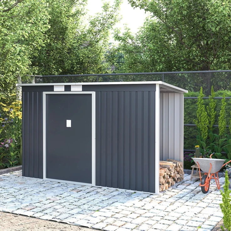 Juskys Metall Gerätehaus M mit Holzunterstand rechts, Schiebetür, Lüftungsgitter, Fundament - Geräteschuppen Gartenhaus Metallgerätehaus Holzregal – Bild 2