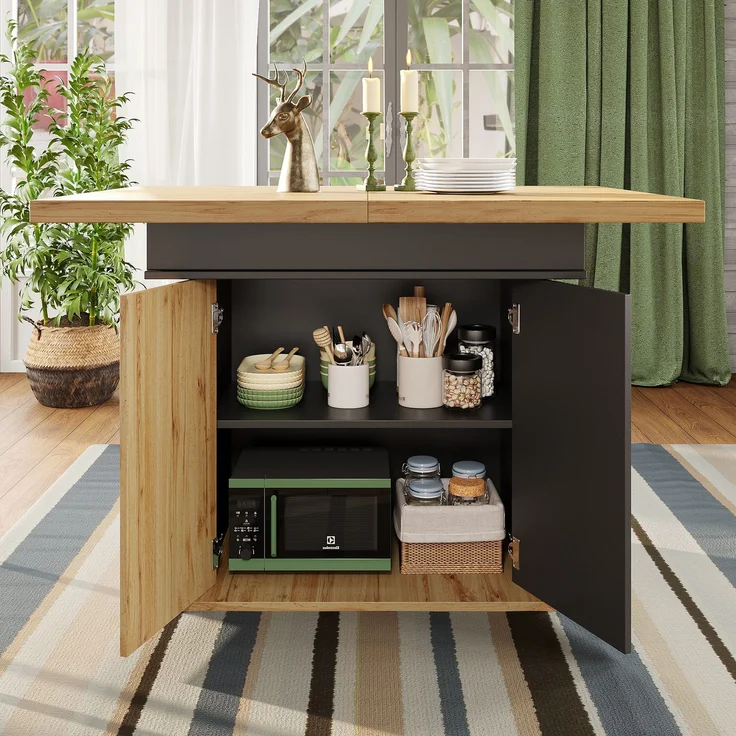 Esstisch ausziehbar 110-140x80x75 cm, Retro-Design, schwarz/natur, mit vakuumgeformten Türen – Bild 3