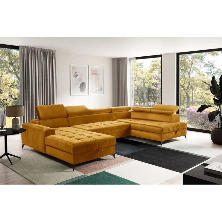 Wohnlandschaft Schlafsofa AGNESA Stoff Salvador Honiggelb Ottomane Links