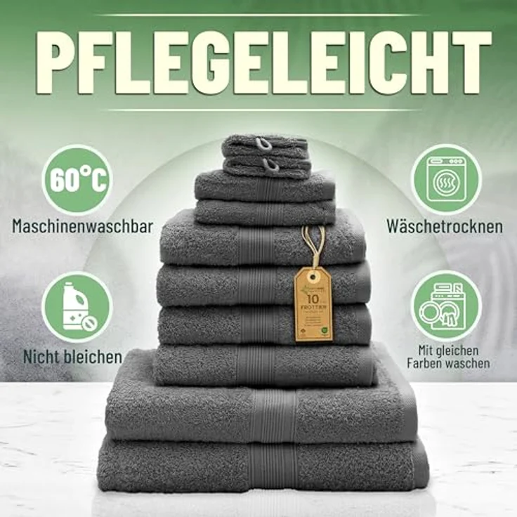 Green Mark Handtuch-Set mit 10 Teilen – 100% Baumwolle – 4 Handtücher 50 × 100 cm, 2 große Duschtücher 70 × 140 cm, 2 Gästetücher 30 × 50 cm und 2 Waschhandschuhe – Anthrazitgrau – Bild 9