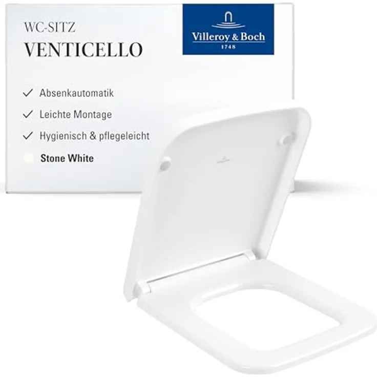 Villeroy & Boch Venticello WC-Sitz - Toilettendeckel mit Absenkautomatik - Abnehmbarer, bruchsicherer Toilettensitz aus Duroplast - Original Ersatzteil - Klodeckel in eckiger Form - Stone White, matt – Bild 2