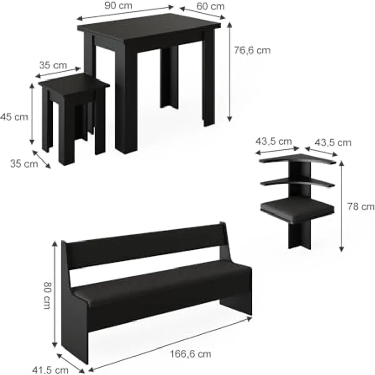 Vicco Eckbankgruppe 'Roman', Schwarz, Holzwerkstoff, 210x80x210 cm, inklusive Tisch für Esszimmer und gesellige Runden – Bild 3