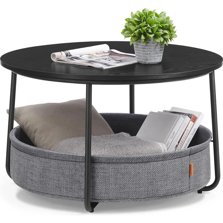 Vasagle Couchtisch, Beistelltisch, Wohnzimmertisch mit Korb aus Stoff, modern,Tintenschwarz-Schiefergrau