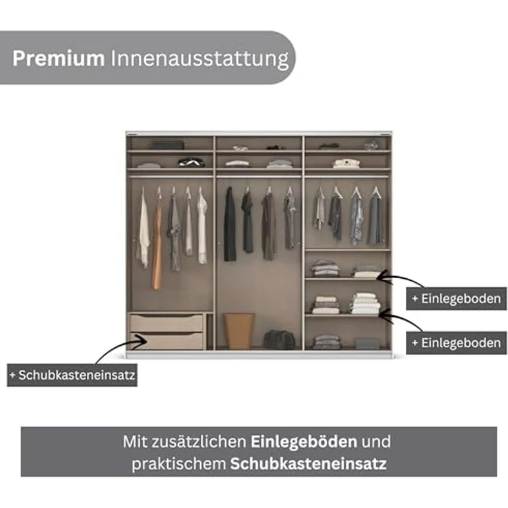 Rauch Möbel Kulmbach, Kleiderschrank mit Schwebetüren für Schlafzimmer, Kinderzimmer, Garderobe, Flur, 3-türig, mit Soft-Close-Funktion, Zubehör Premium, Farbe Beige, Breite 271 cm – Bild 7