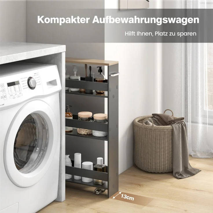 4 Ebenen Nischenregal auf Rollen aus Holz mit Griff Küchenwagen 47,5 x 20 x 80,5 cm Grau + Natur – Bild 4