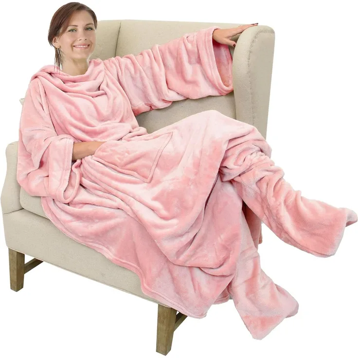 Catalonia Classy Tragbare Kuscheldecke mit Ärmeln und Fußtasche, warmes Geschenk für Sofa-Liebhaber, weiche Fleece-Decken für Familie, gemütliche Decken für Winter, 190x135 cm Rosa