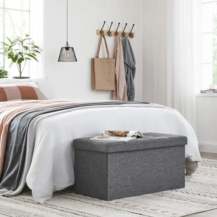 Songmics Sitzbank mit Stauraum, Sitztruhe, Sitzhocker, Aufbewahrungsbox, Fußablage, faltbar, belastbar bis 300 kg, 80 L, 76 x 38 x 38 cm, Leinenimitat, dunkelgrau LSF47K – Bild 5
