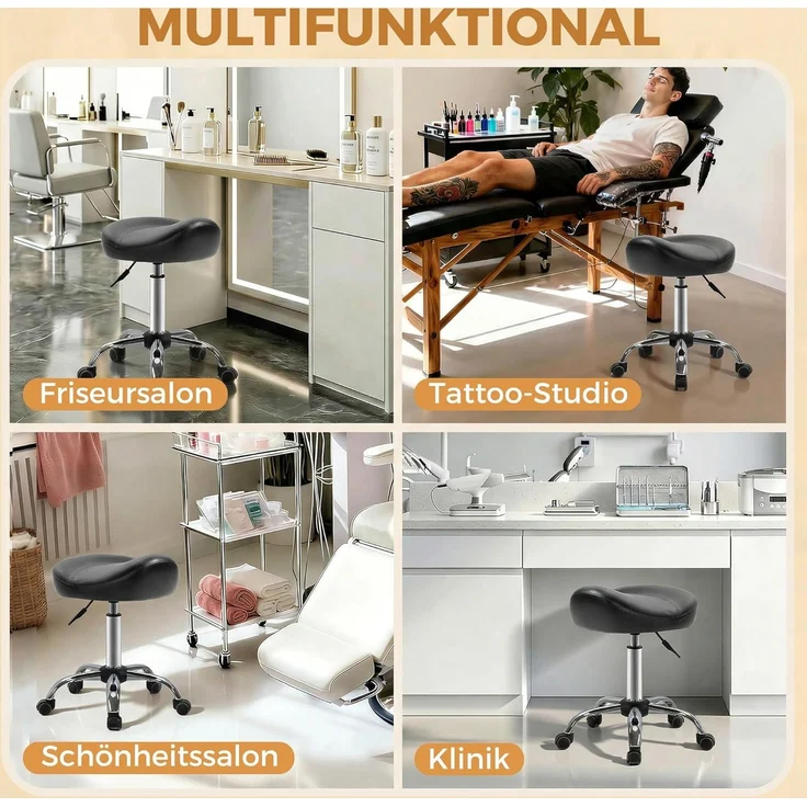 HOMCOM Rollsitz Samt-Touch mit Rädern, Rollhocker höhenverstellbar (Salonstuhl, 1 St, Salonhocker), für Wohnzimmer, Schwarz – Bild 6