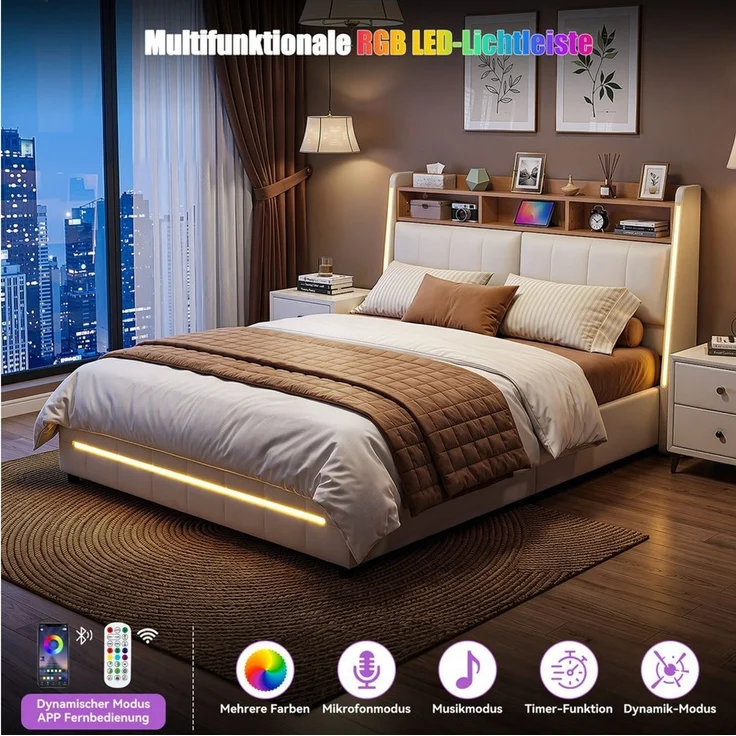 oyajia Polsterbett 140x200 cm Stauraumbett LED Doppelbett (Mit LED und USB & Type-C Ladeanschluss, Bluetooth-Lautsprecher, verstellbares Kopfteil,ohne Matratze), Bettgestell mit Bettrahmen und Lattenrost,Hydraulische Bett, Leinen – Bild 4