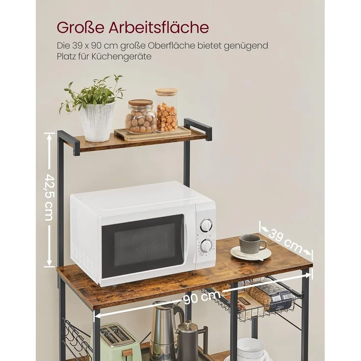 Vasagle Küchenregal, Standregal mit Metallkorb, Bäckerregal mit 6 S-Haken und Regalablagen, Mikrowellenregal, Gewürzregal, für Töpfe und Pfannen, Industrie-Design, Vintagebraun-schwarz von Songmics KKS35X – Bild 3