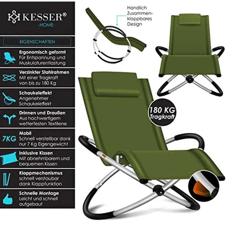 KESSER® Relaxliege Liegestuhl | Gartenliege Sonnenliege | Gartenstuhl | Klappstuhl faltbar | Schwungliege | Schaukelsessel | ergonomische Relaxsessel | wetterfest | 180 kg Belastung Khaki – Bild 3