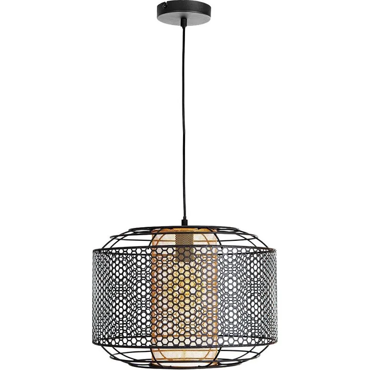 Hängelampe, Metall, goldfarbener Zylinder, Gitter, H 150 cm