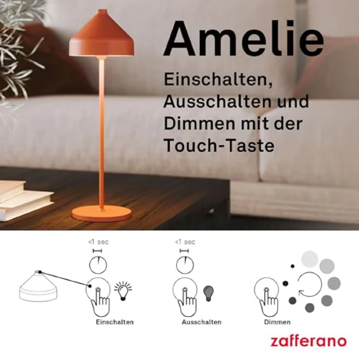 Zafferano, Amelie Lampe, Wiederaufladbare und Kabellose Tischlampe mit Touch Control, Geeignet für den Innen- und Außenbereich, Dimmer, 2200-3000 K, Höhe 34 cm, Farbe Schwarz – Bild 6