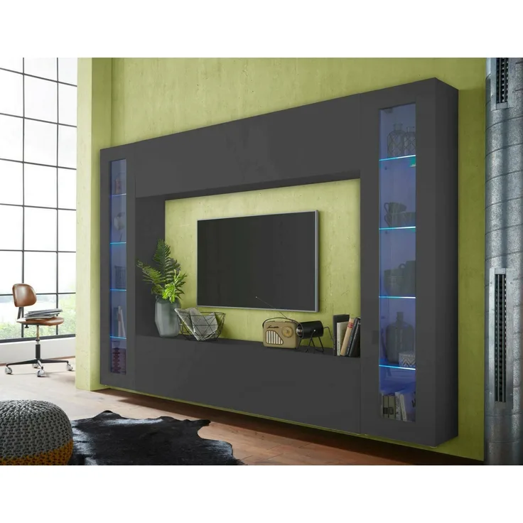 Dmora Ausgestattete Wand Bellizzi, 4-türiges TV-Ständer-Wohnzimmerset, Mehrzweck-Wohnzimmermöbel mit Vitrine und LED-Licht, 100 % Made in Italy, 260 x 30 x 180 cm, Anthrazit,