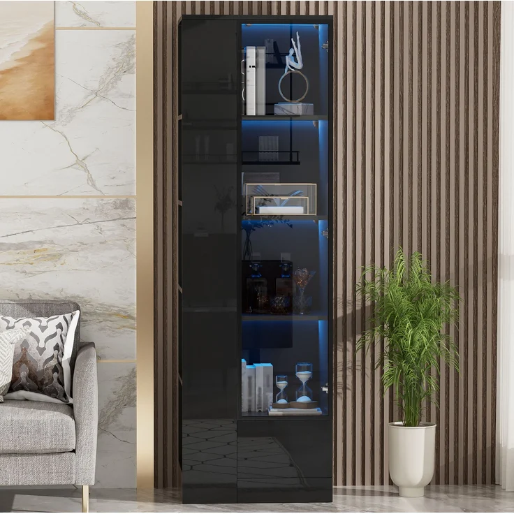 DESVIAE Regal mit Glastür Schwarz aus Spanplatte/Glas – 50x160x35 cm – LED-Beleuchtung, Schublade – Bild 1
