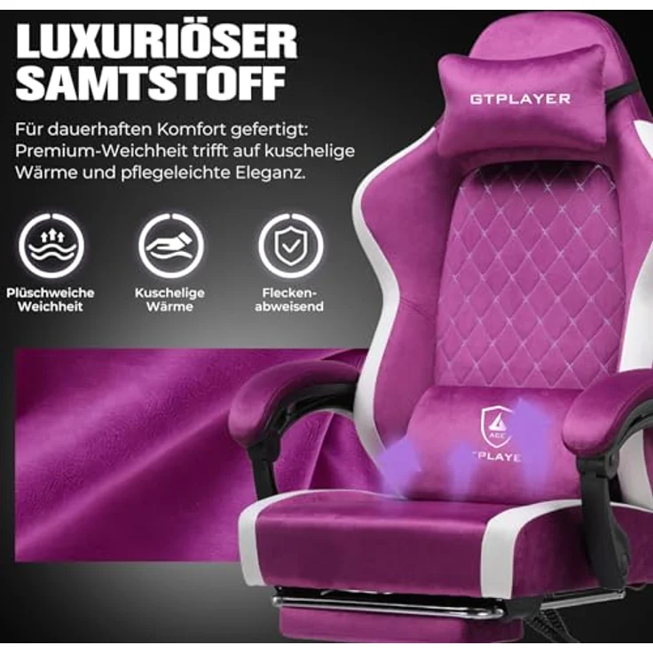 GTPLAYER Gaming Stuhl Ergonomischer, PC Stuhl Atmungsaktiver Stoff, Groß und Hoch Drehbarer Schreibtischstuhl mit Fußstütze,Verstellbare Lendenwirbelstütze und Kopfstütze,Lila – Bild 9