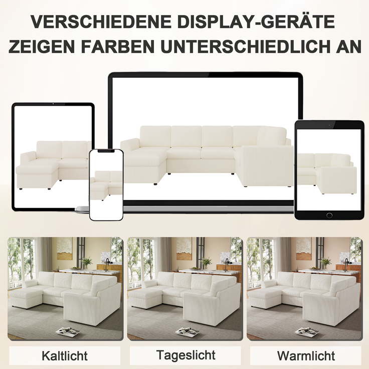Ecksofa 282x153x85 cm aus Cord in Beige mit Schlaffunktion und Stauraumhocker – Bild 10