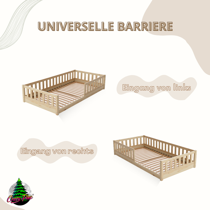 Crazy Pine 'Crazy Basic' Kinderbett mit Rausfallschutz, Skandinavisches Design, Holz, Natur, 80x160 cm, ohne Beine – Bild 8