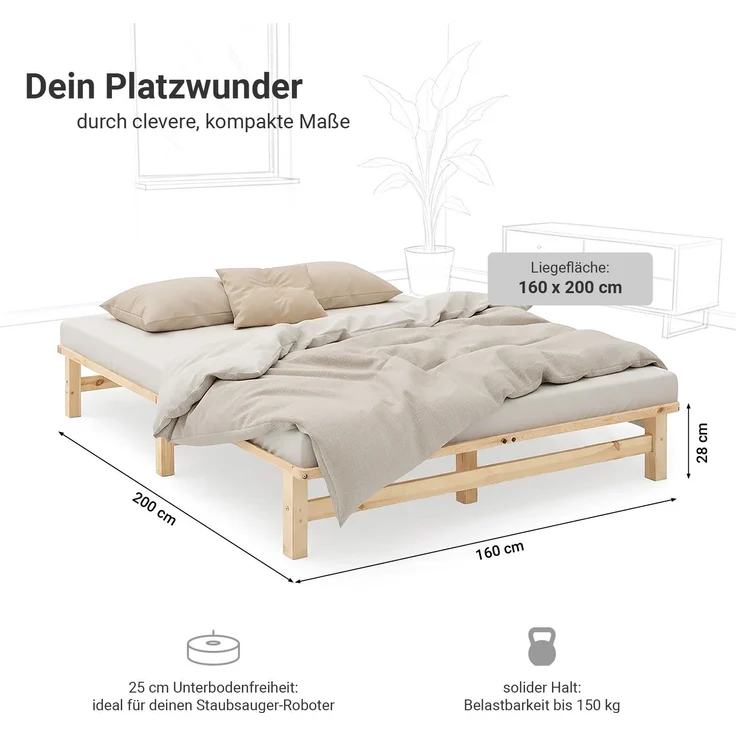 Holzbett 160x200 mit Matratze Doppelbett Holz Natur Bett Massiv Palettenbett Bettgestell Holzbettrahmen Lattenrost – Bild 3