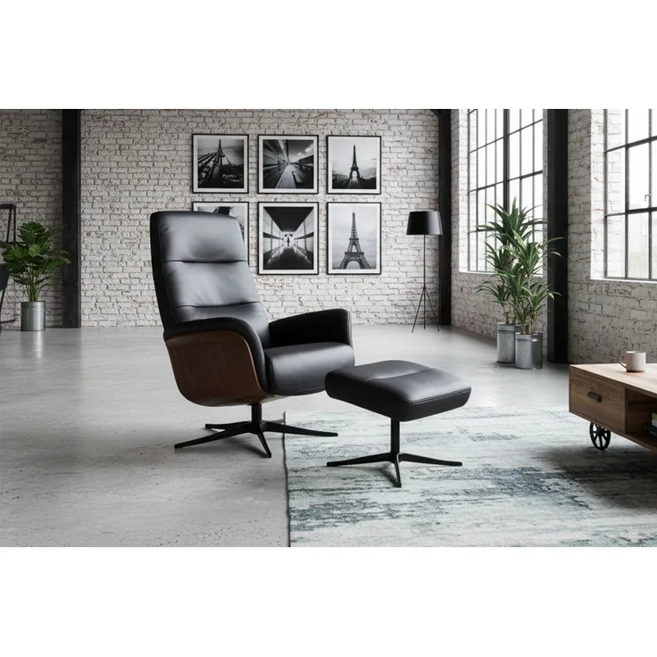 KAWOLA Relaxsessel SILVA Drehsessel Leder schwarz mit Hocker 109 x 85 x 78 cm