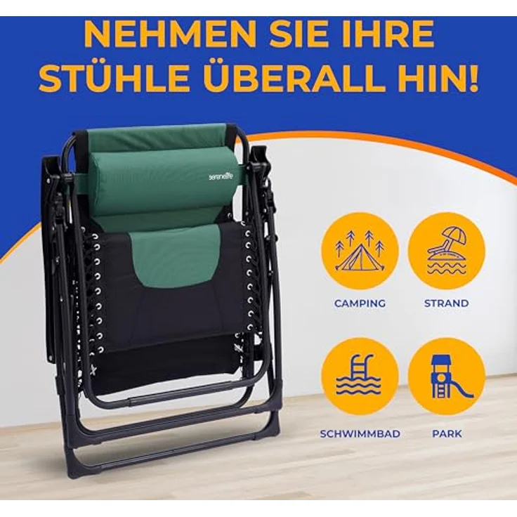 SereneLife Gartenliege, Liegestuhl, Sonnenliege klappbar mit Stufenlos verstellbare Positionen, Kopfstütze & Getränk & Handyhalter, Liegestuhl Garten, Relaxliege aus rostfrei Stahlramen, Grün – Bild 7
