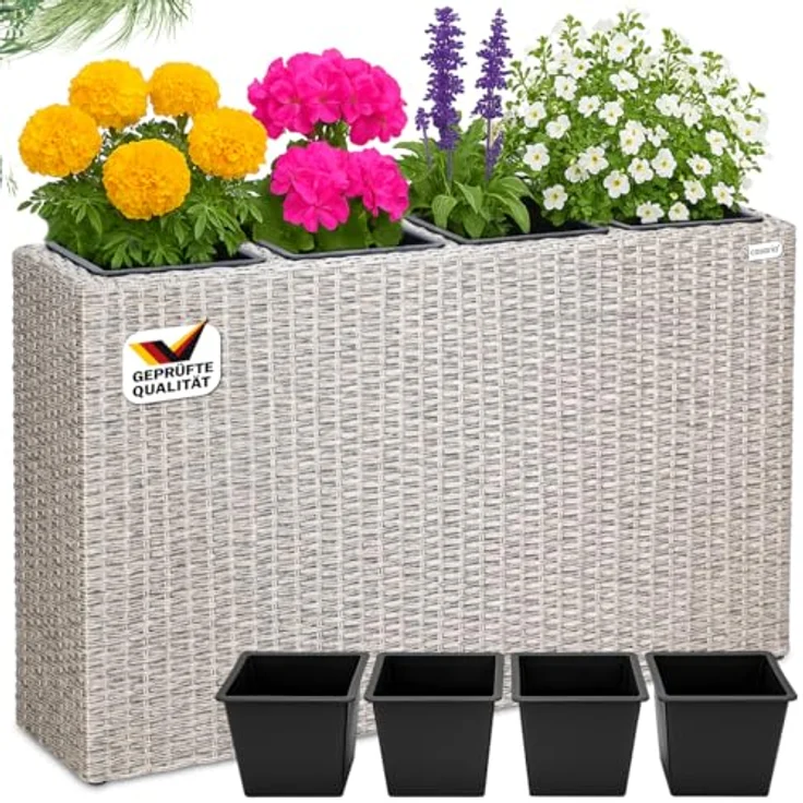 Casaria Pflanzkübel, 4 Innentöpfe Herausnehmbar Polyrattan 95x27x60cm Blumentopf Creme – Bild 2