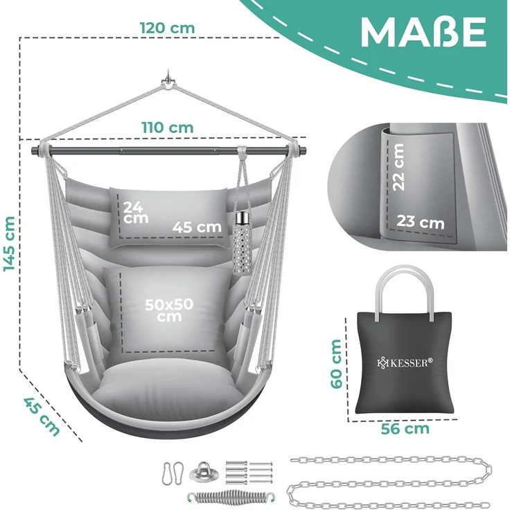 KESSER® 'Haiti' Hängesessel, 360° drehbar, UV-beständig & wasserfest, inkl. 2 Kissen, Tragetasche, Flaschenhalter & Montage-Set, grau/anthrazit, bis 150 kg belastbar – Bild 7